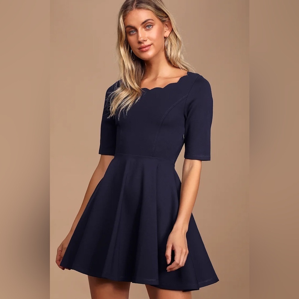 NWT LULUS Tip Skater Scallop Rayon Blend Navy Dress (S)